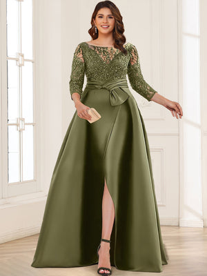 Satin A-Line/Princess Illusion Neck Plus Size Mother of the Bride Dresses With Lace Appliques & Split Front