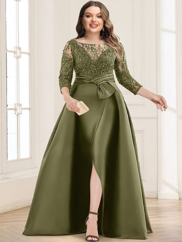Satin A-Line/Princess Illusion Neck Plus Size Mother of the Bride Dresses With Lace Appliques & Split Front