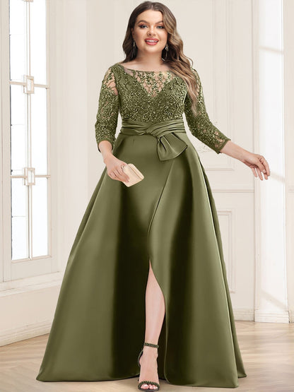 Satin A-Line/Princess Illusion Neck Plus Size Mother of the Bride Dresses With Lace Appliques & Split Front