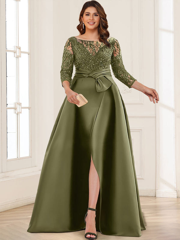 Satin A-Line/Princess Illusion Neck Plus Size Mother of the Bride Dresses With Lace Appliques & Split Front