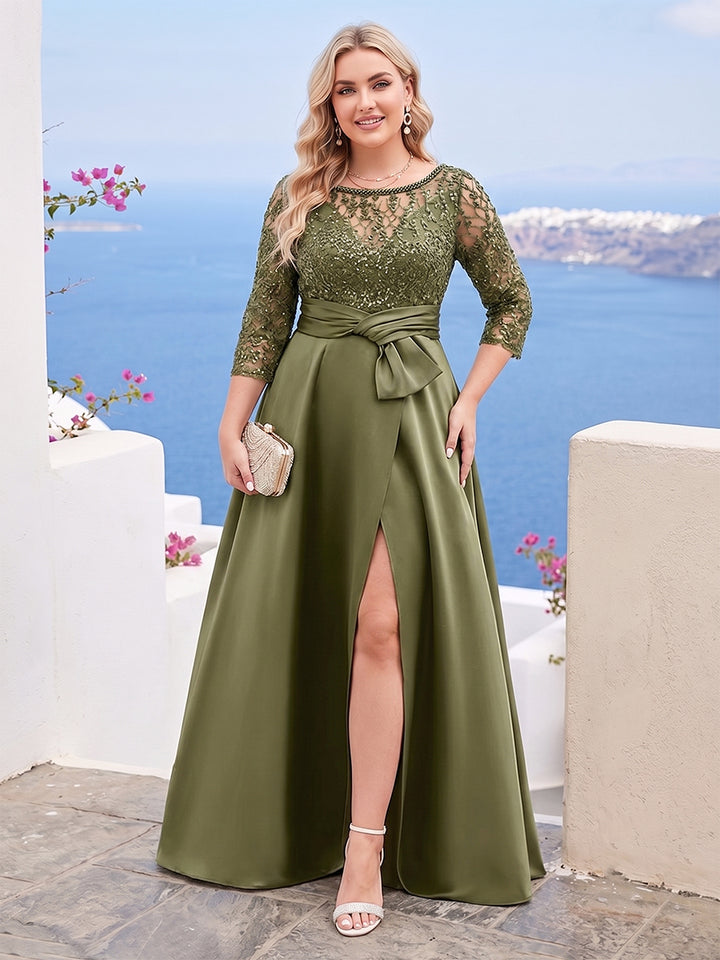 Satin A-Line/Princess Illusion Neck Plus Size Mother of the Bride Dresses With Lace Appliques &amp; Split Front