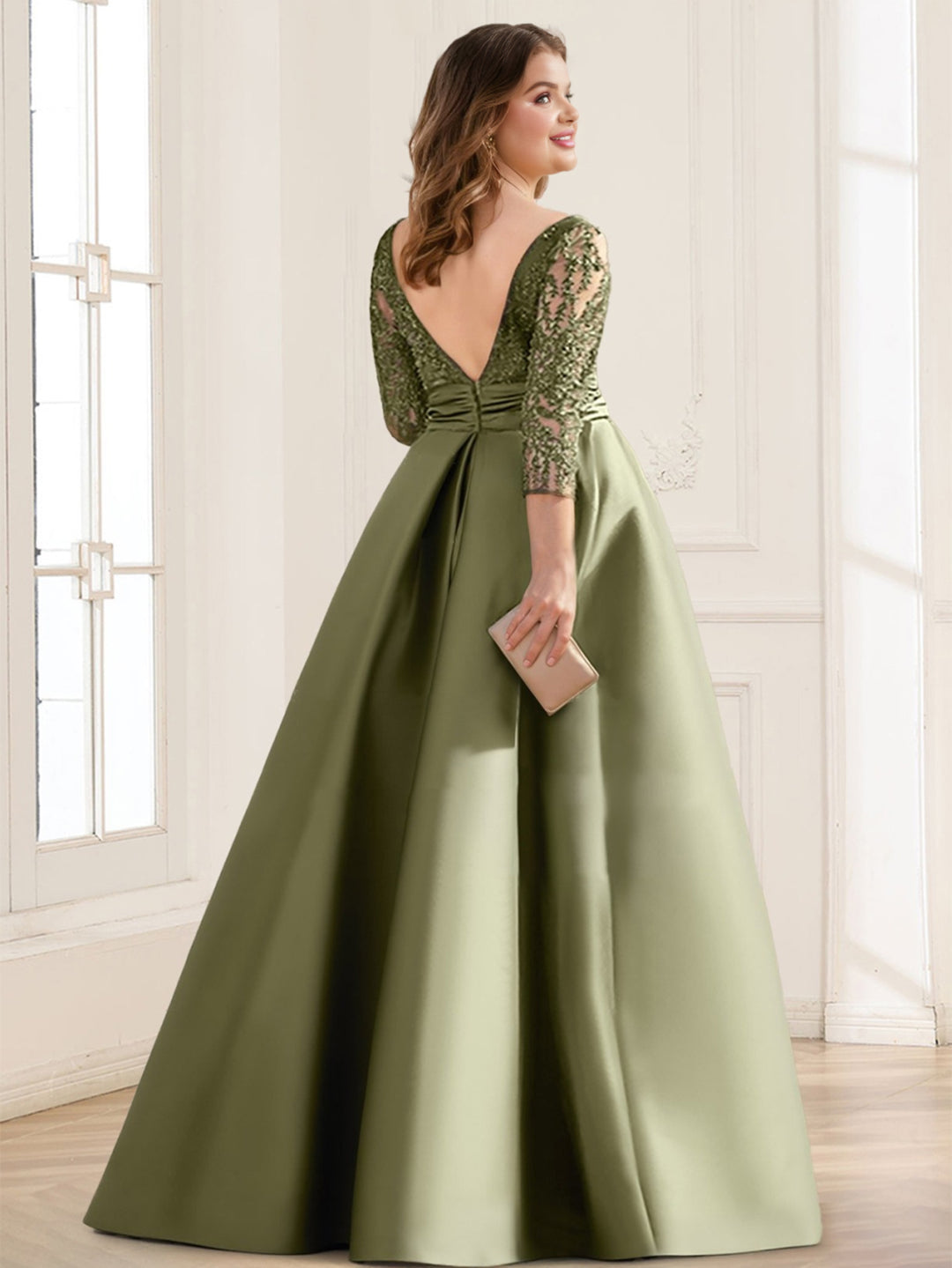 Satin A-Line/Princess Illusion Neck Plus Size Mother of the Bride Dresses With Lace Appliques &amp; Split Front