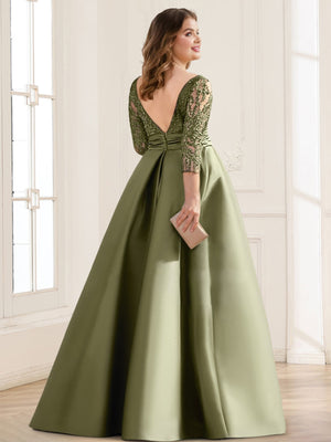 Satin A-Line/Princess Illusion Neck Plus Size Mother of the Bride Dresses With Lace Appliques & Split Front