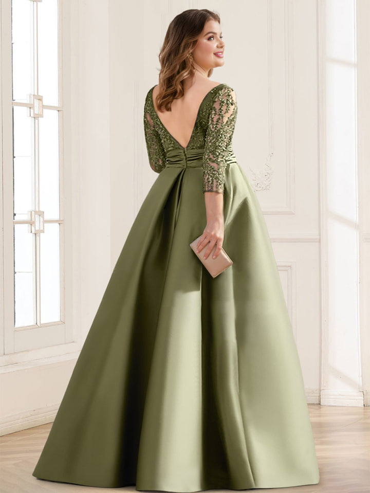 Satin A-Line/Princess Illusion Neck Plus Size Mother of the Bride Dresses With Lace Appliques &amp; Split Front