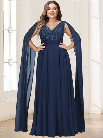 A-Line/Princess V-Neck Plus Size Chiffon Mother of the Bride Dresses With Lace Appliques