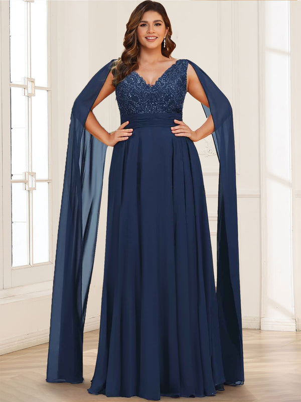 A-Line/Princess V-Neck Plus Size Chiffon Mother of the Bride Dresses With Lace Appliques