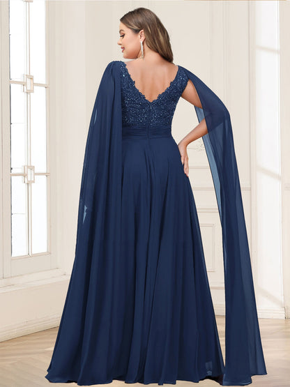 A-Line/Princess V-Neck Plus Size Chiffon Mother of the Bride Dresses With Lace Appliques