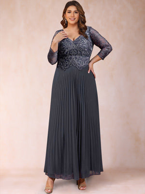 A-Line/Princess V-Neck 3/4 Sleeves Plus Size Chiffon Mother of the Bride Dresses With Lace