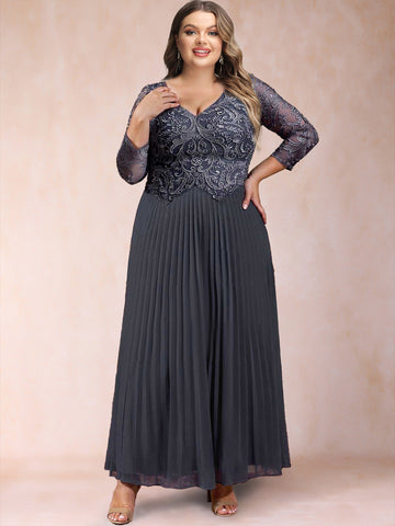 A-Line/Princess V-Neck 3/4 Sleeves Plus Size Chiffon Mother of the Bride Dresses With Lace
