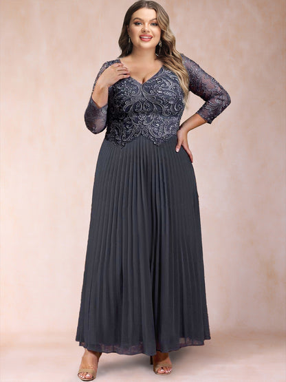 A-Line/Princess V-Neck 3/4 Sleeves Plus Size Chiffon Mother of the Bride Dresses With Lace