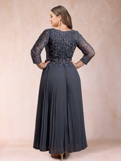 A-Line/Princess V-Neck 3/4 Sleeves Plus Size Chiffon Mother of the Bride Dresses With Lace