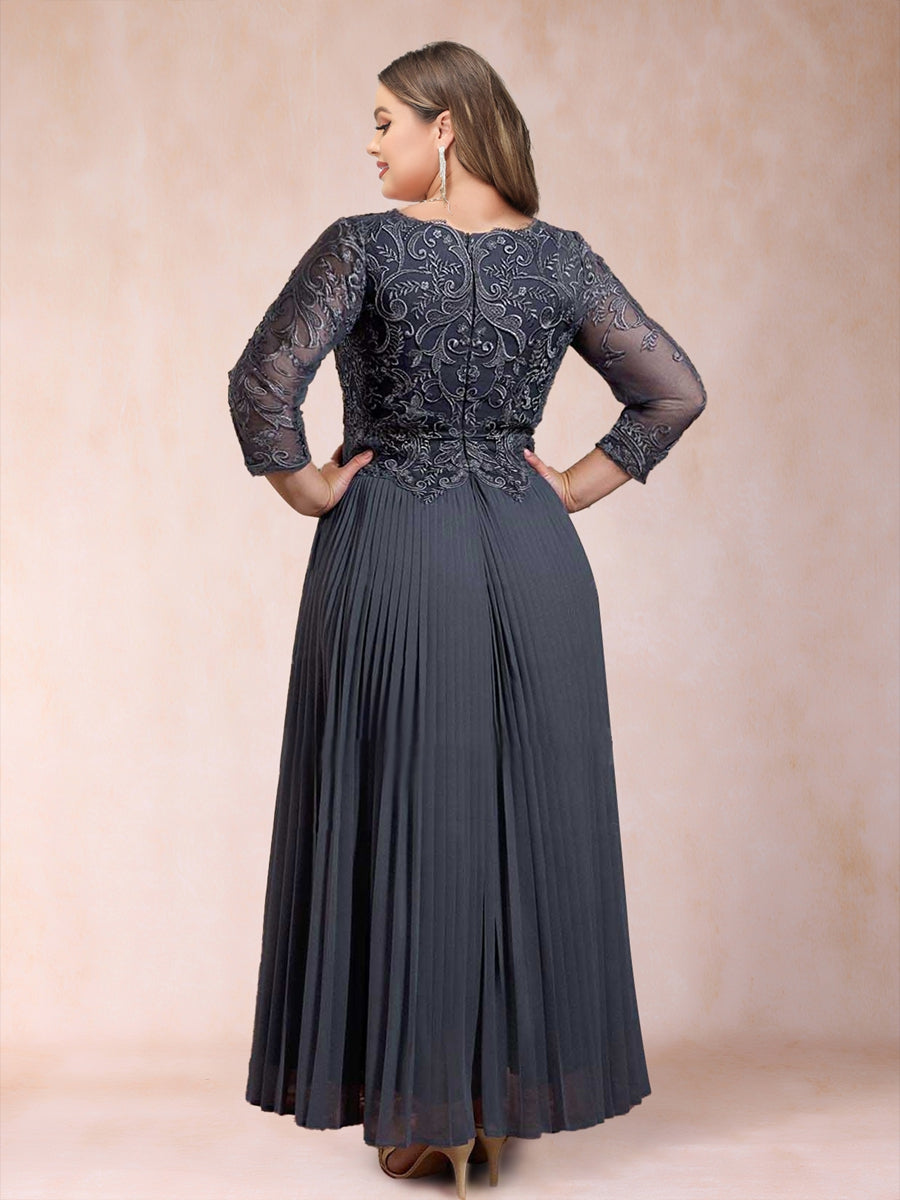 A-Line/Princess V-Neck 3/4 Sleeves Plus Size Chiffon Mother of the Bride Dresses With Lace