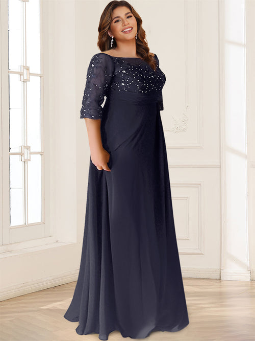 A-Line/Princess Scoop Half Sleeves Plus Size Chiffon Mother of the Bride Dresses With Lace