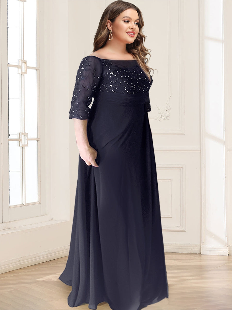 A-Line/Princess Scoop Half Sleeves Plus Size Chiffon Mother of the Bride Dresses With Lace