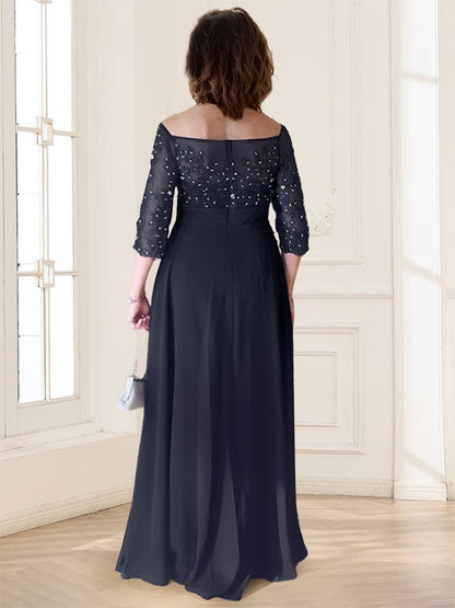 A-Line/Princess Scoop Half Sleeves Plus Size Chiffon Mother of the Bride Dresses With Lace