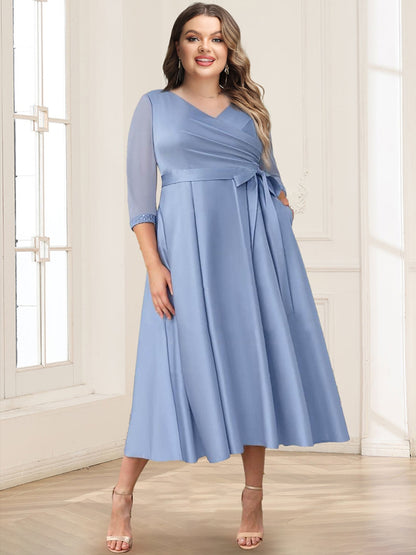 Satin A-Line/Princess V-Neck 3/4 Sleeves Plus Size Mother of the Bride Dresses With Bow(s)