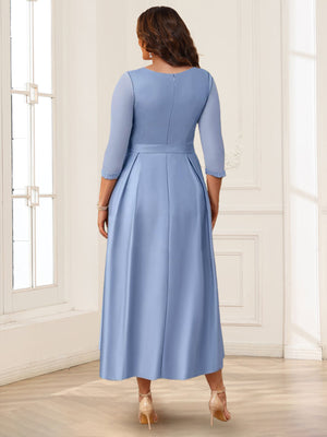 Satin A-Line/Princess V-Neck 3/4 Sleeves Plus Size Mother of the Bride Dresses With Bow(s)