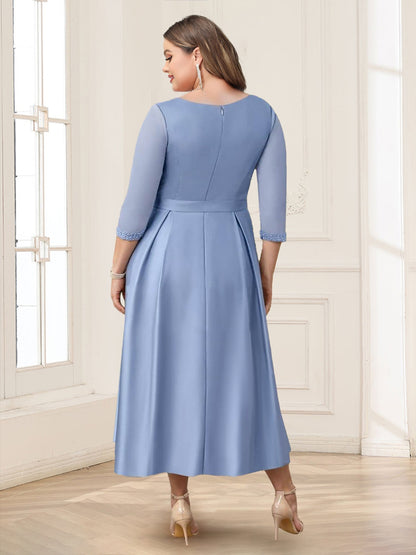 Satin A-Line/Princess V-Neck 3/4 Sleeves Plus Size Mother of the Bride Dresses With Bow(s)