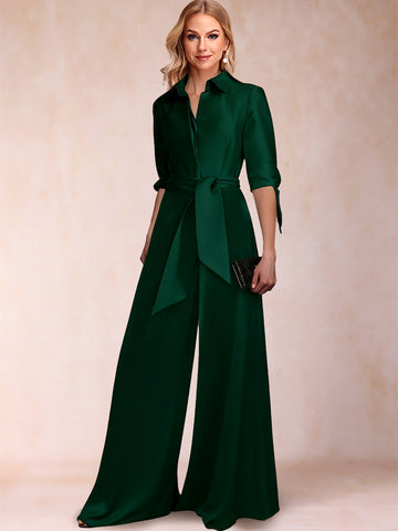 Satin Separates V-Neck Half Sleeves Pantsuits with Sash