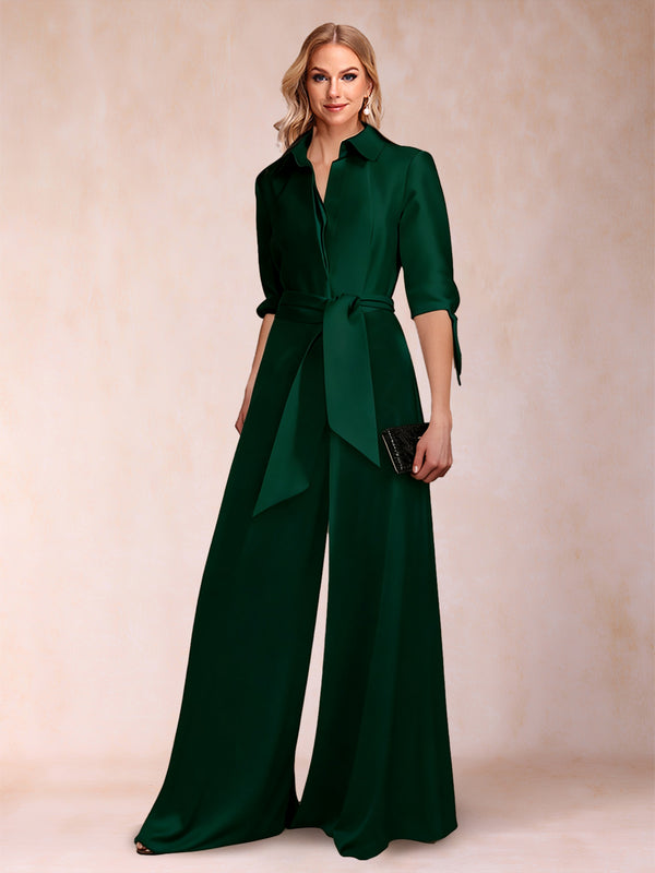 Satin Separates V-Neck Half Sleeves Pantsuits with Sash