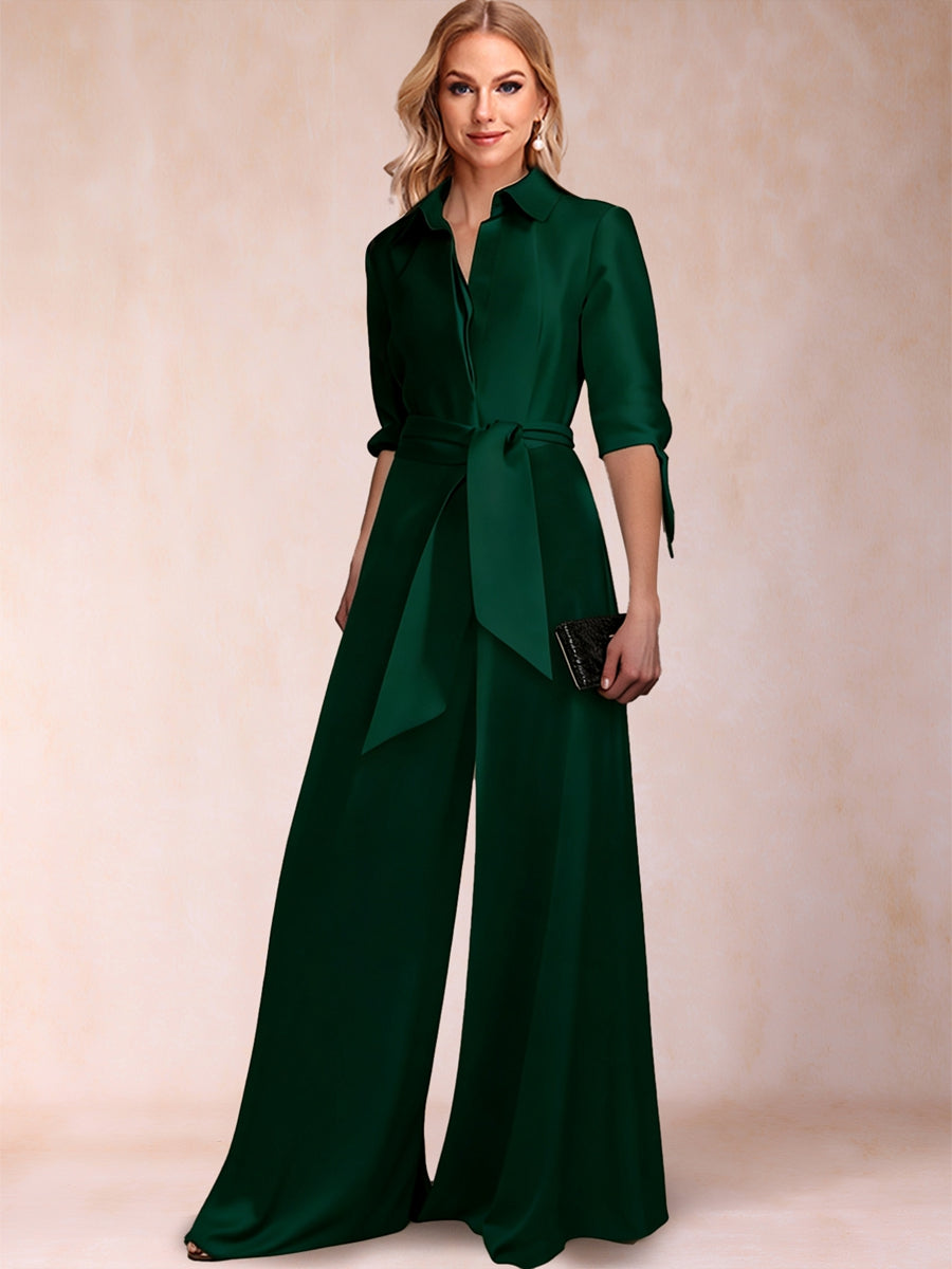 Satin Separates V-Neck Half Sleeves Pantsuits with Sash