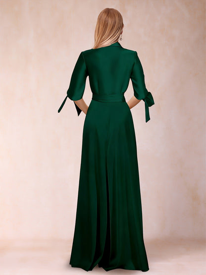 Satin Separates V-Neck Half Sleeves Pantsuits with Sash