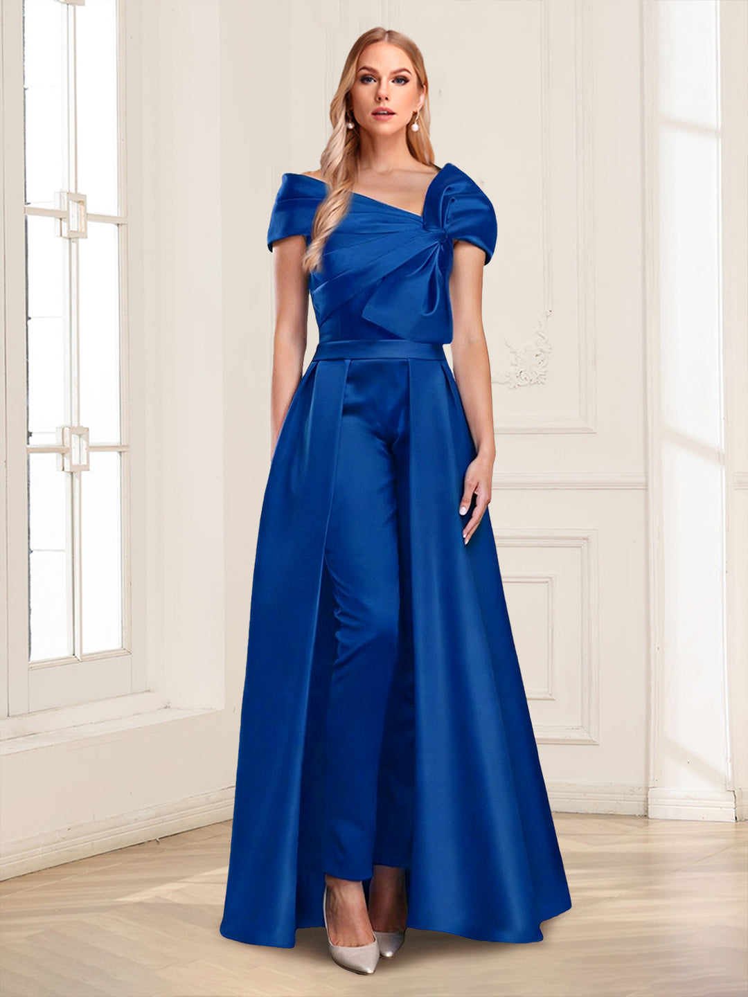 A-Line/Princess Asymmetrical Neck Short Sleeves Jumpsuits with Belt