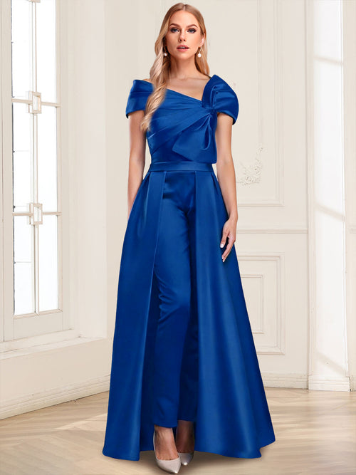 A-Line/Princess Asymmetrical Neck Short Sleeves Jumpsuits with Belt