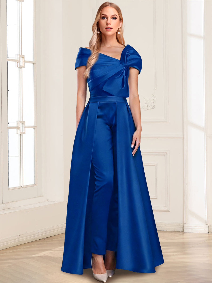 A-Line/Princess Asymmetrical Neck Short Sleeves Jumpsuits with Belt