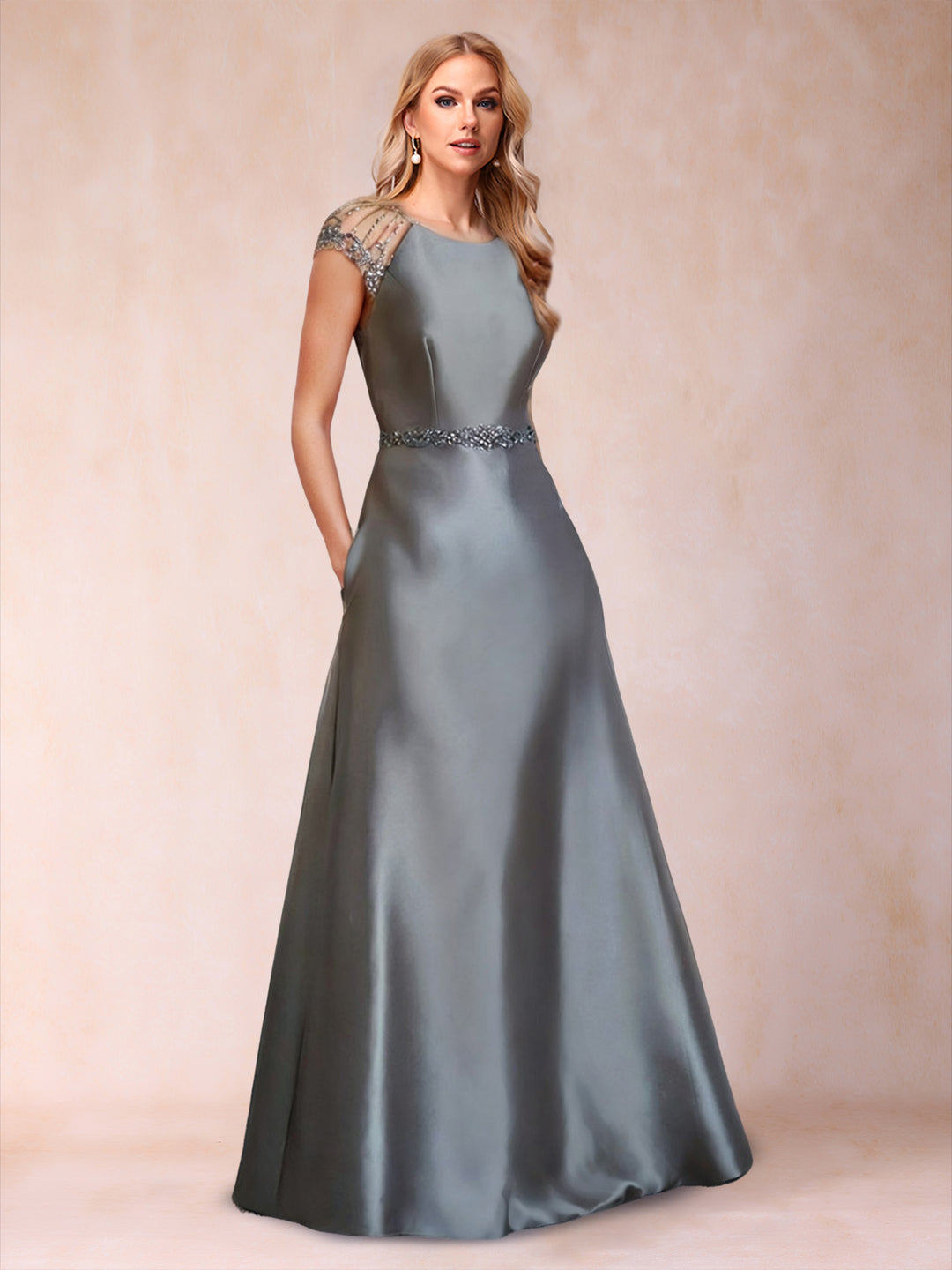 A-Line/Princess Crew Neck Short Sleeves Mother of the Bride Dresses with Sash &amp; Beading