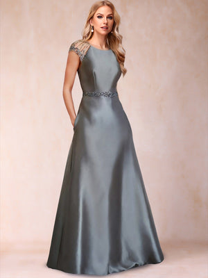 A-Line/Princess Crew Neck Short Sleeves Mother of the Bride Dresses with Sash & Beading