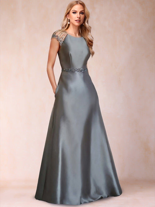 A-Line/Princess Crew Neck Short Sleeves Mother of the Bride Dresses with Sash & Beading