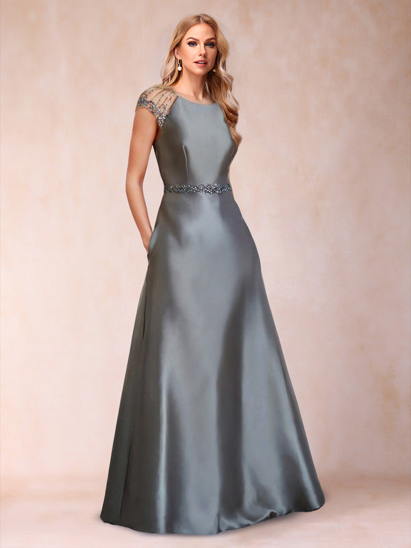 A-Line/Princess Crew Neck Short Sleeves Mother of the Bride Dresses with Sash & Beading