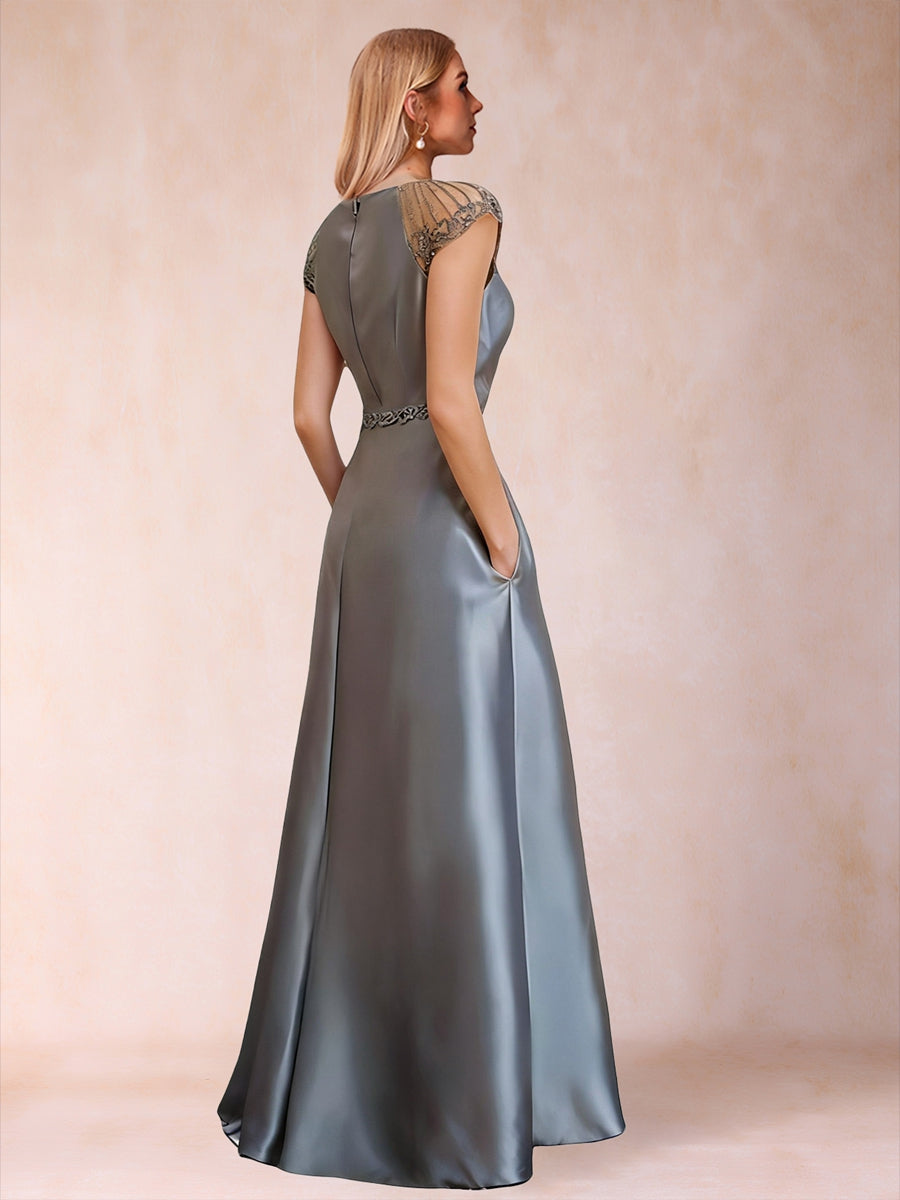 A-Line/Princess Crew Neck Short Sleeves Mother of the Bride Dresses with Sash &amp; Beading