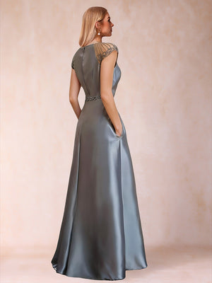 A-Line/Princess Crew Neck Short Sleeves Mother of the Bride Dresses with Sash & Beading