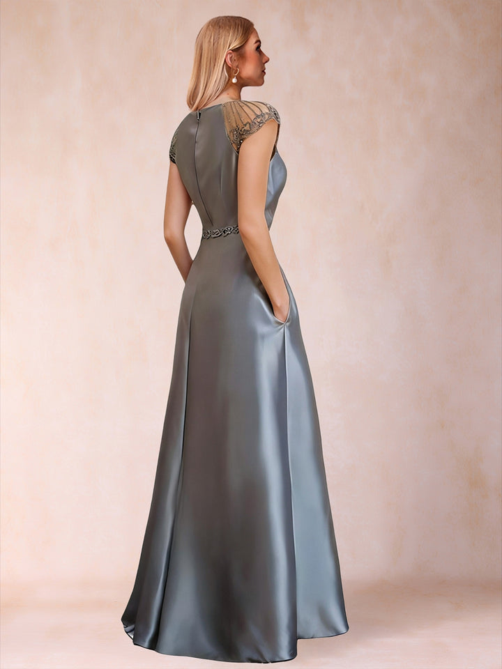 A-Line/Princess Crew Neck Short Sleeves Mother of the Bride Dresses with Sash &amp; Beading