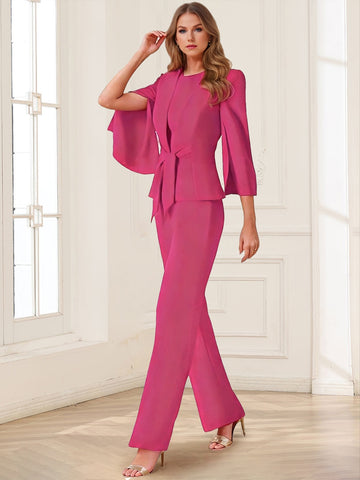 Chiffon Crew Neck 3/4 Sleeves Mother of the Bride Pantsuits with Jacket