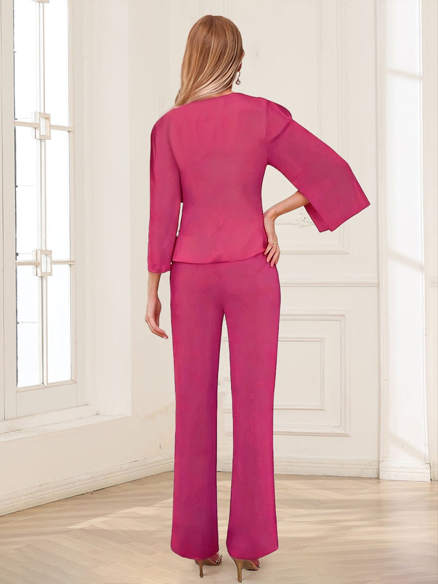 Chiffon Crew Neck 3/4 Sleeves Mother of the Bride Pantsuits with Jacket