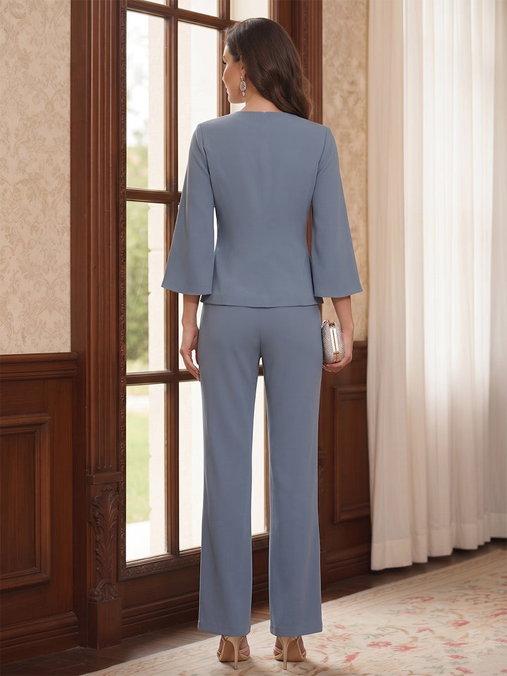 Chiffon Crew Neck 3/4 Sleeves Floor-Length Mother of the Bride Pantsuits with Jacket