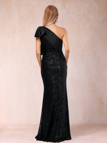 Sequins Sheath/Column One-Shoulder Sleeveless Mother of the Bride Dresses With Bow