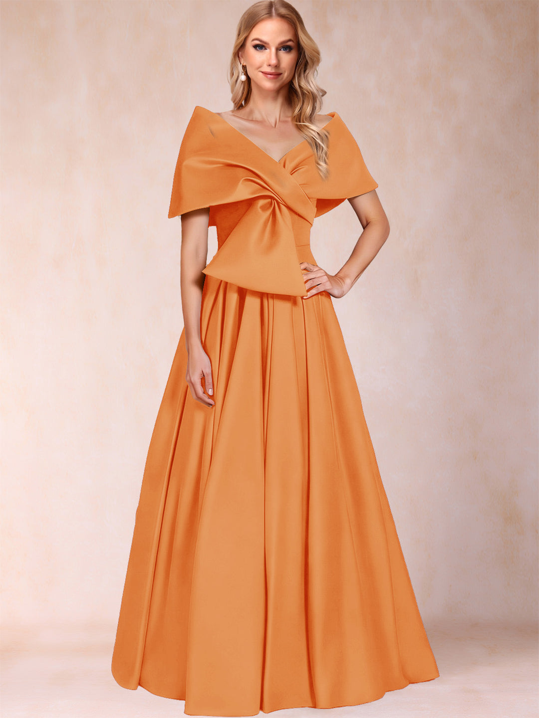 Lavetir Orange A-Line/Princess Off-The-Shoulder Sleeveless Ruched Mother of the Bride Dresses With Bow(s) 2026