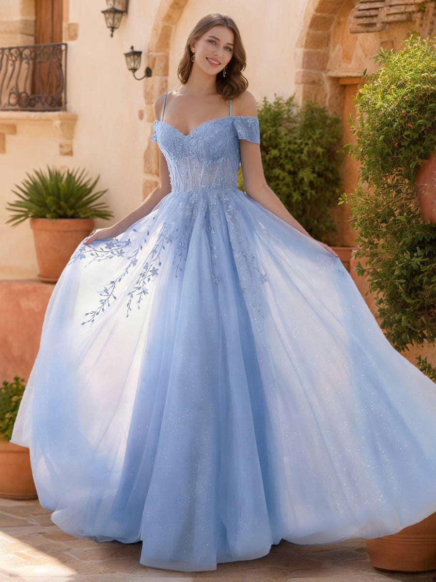 Ball Gown Cold Shoulder Short Sleeves Prom Dresses With Appliques