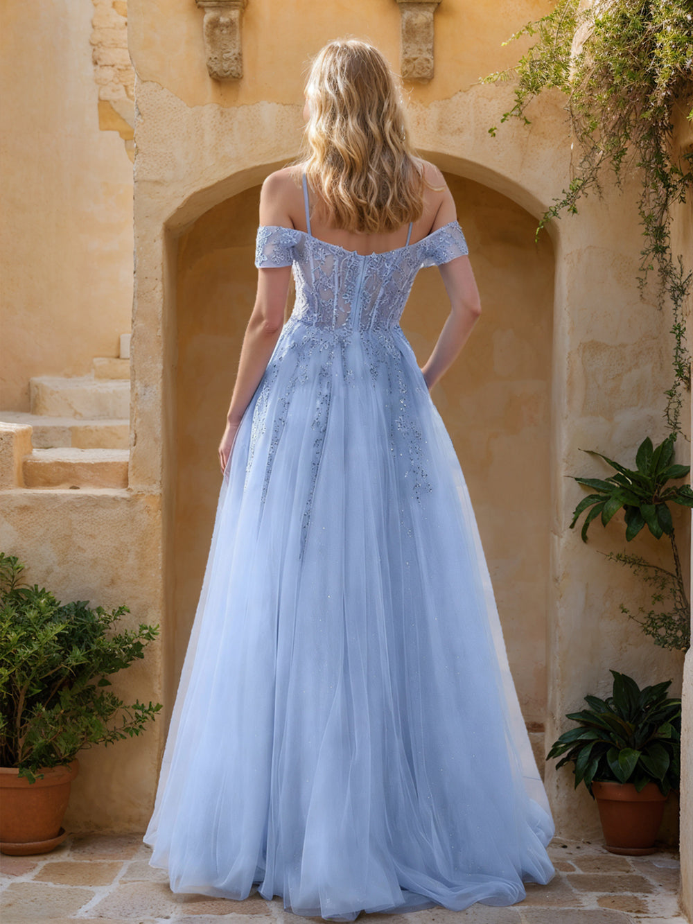 Ball Gown Cold Shoulder Short Sleeves Prom Dresses With Appliques