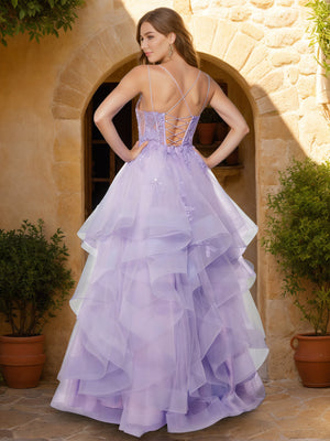 Ball Gown V-Neck Sleeveless Floor-Length Tiered Prom Dresses With Appliques