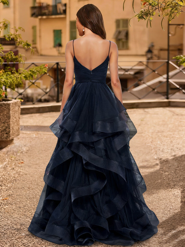 A-Line/Princess V-Neck Sleeveless Prom Dresses With High Split & Ruffles
