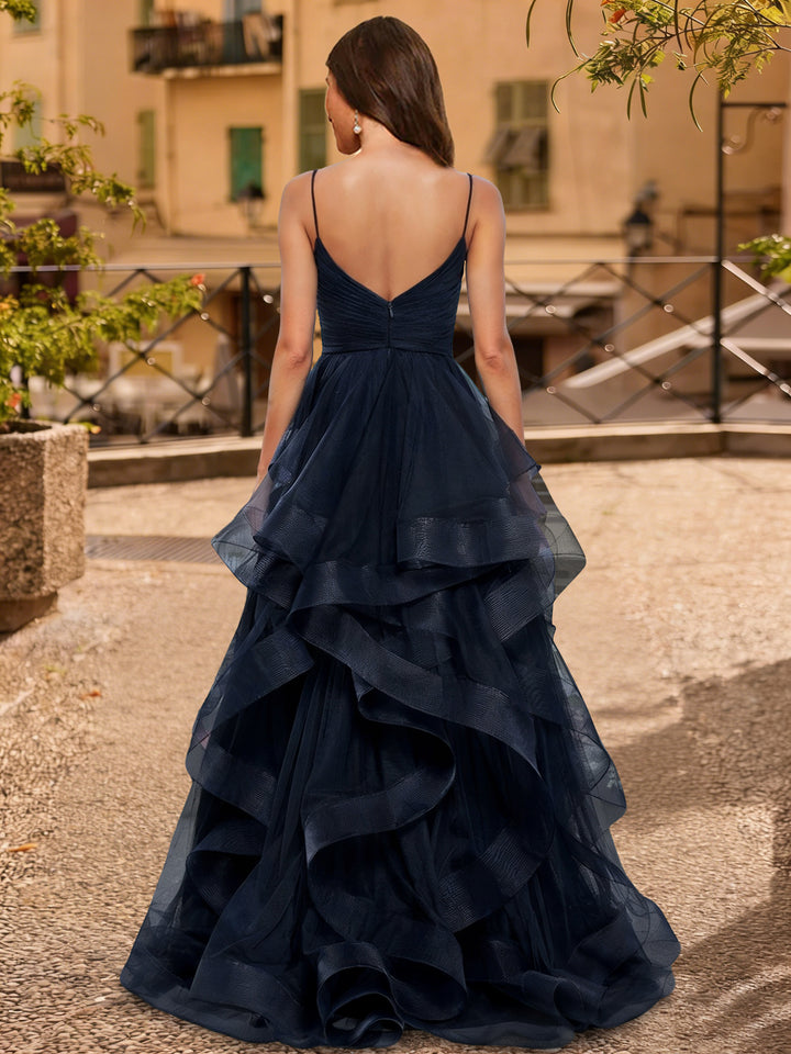 A-Line/Princess V-Neck Sleeveless Prom Dresses With High Split &amp; Ruffles