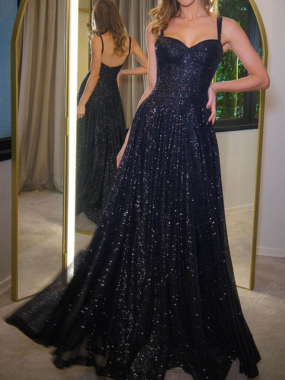 Sparkly A-Line/Princess V-Neck Sleeveless Prom Dresses