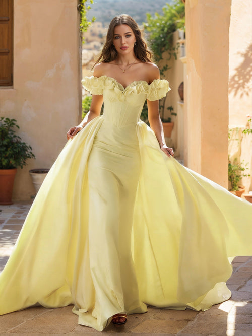 Sheath/Column Off-the-Shoulder Sweep Train Prom Dresses With Overskirt & Flower(s)