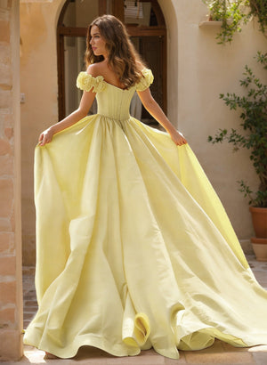 Sheath/Column Off-the-Shoulder Sweep Train Prom Dresses With Overskirt & Flower(s)