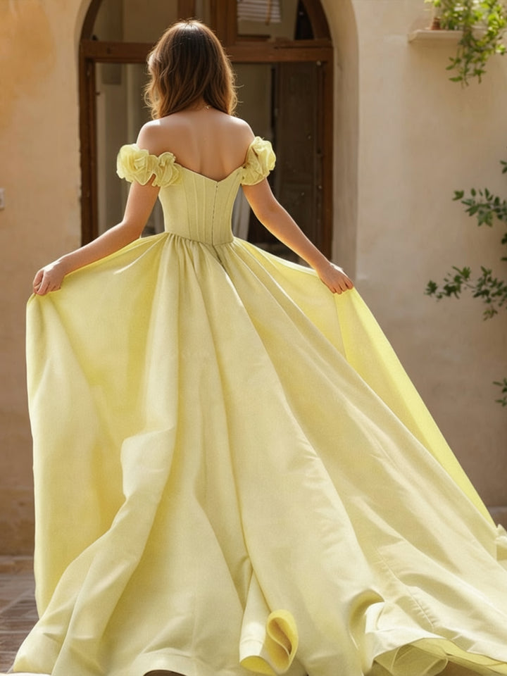 Sheath/Column Off-the-Shoulder Sweep Train Prom Dresses With Overskirt &amp; Flower(s)